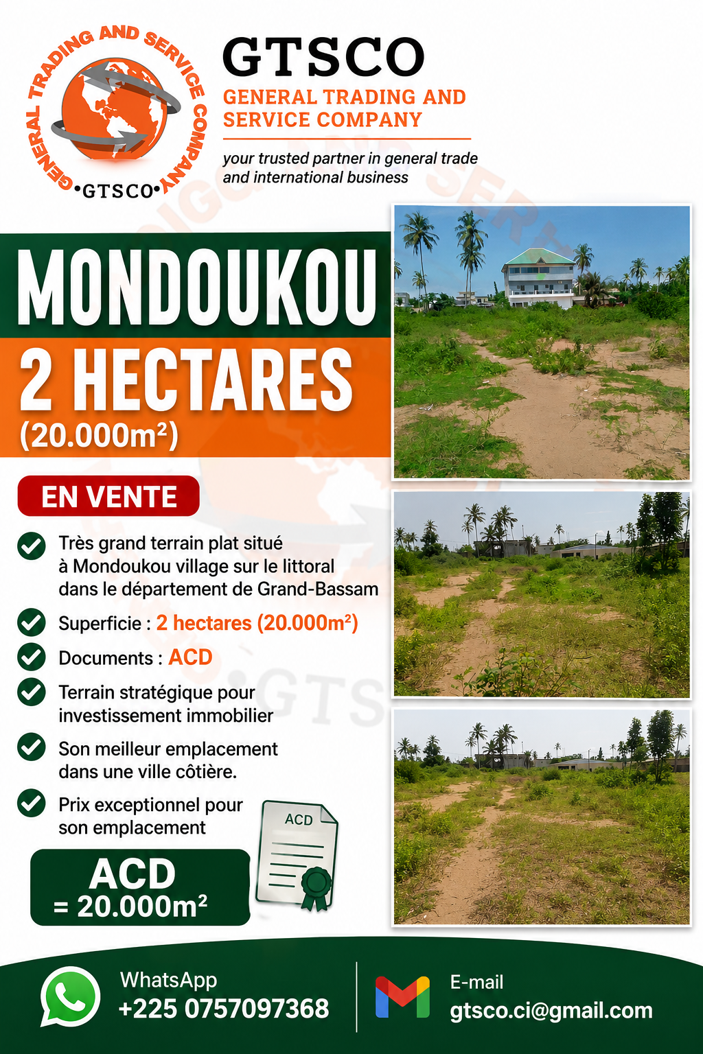 Terrain 2 hectares (20.000 m²) à vendre – Mondoukou, Grand-Bassam