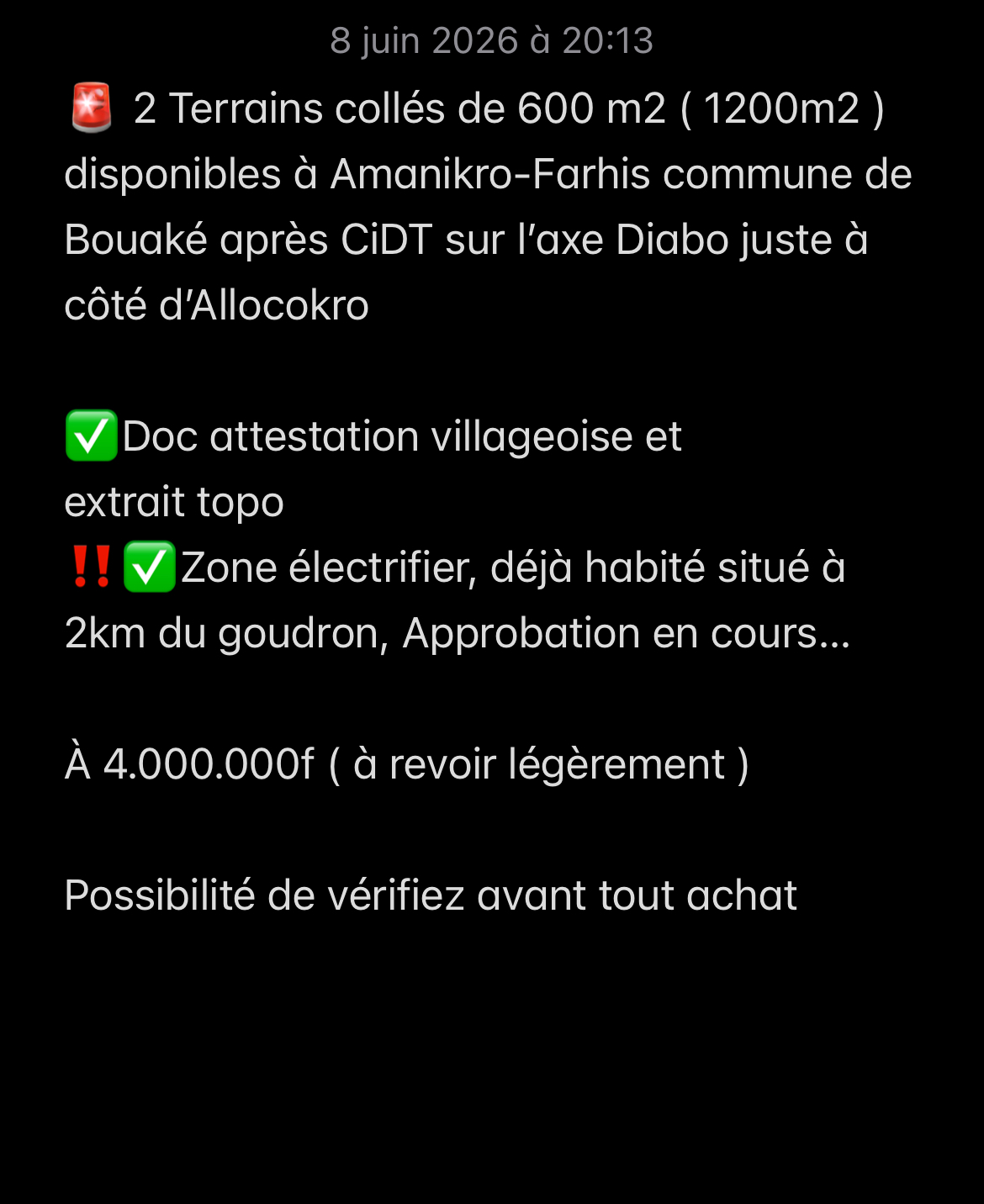 Terrain 600 m² à vendre – Bouaké